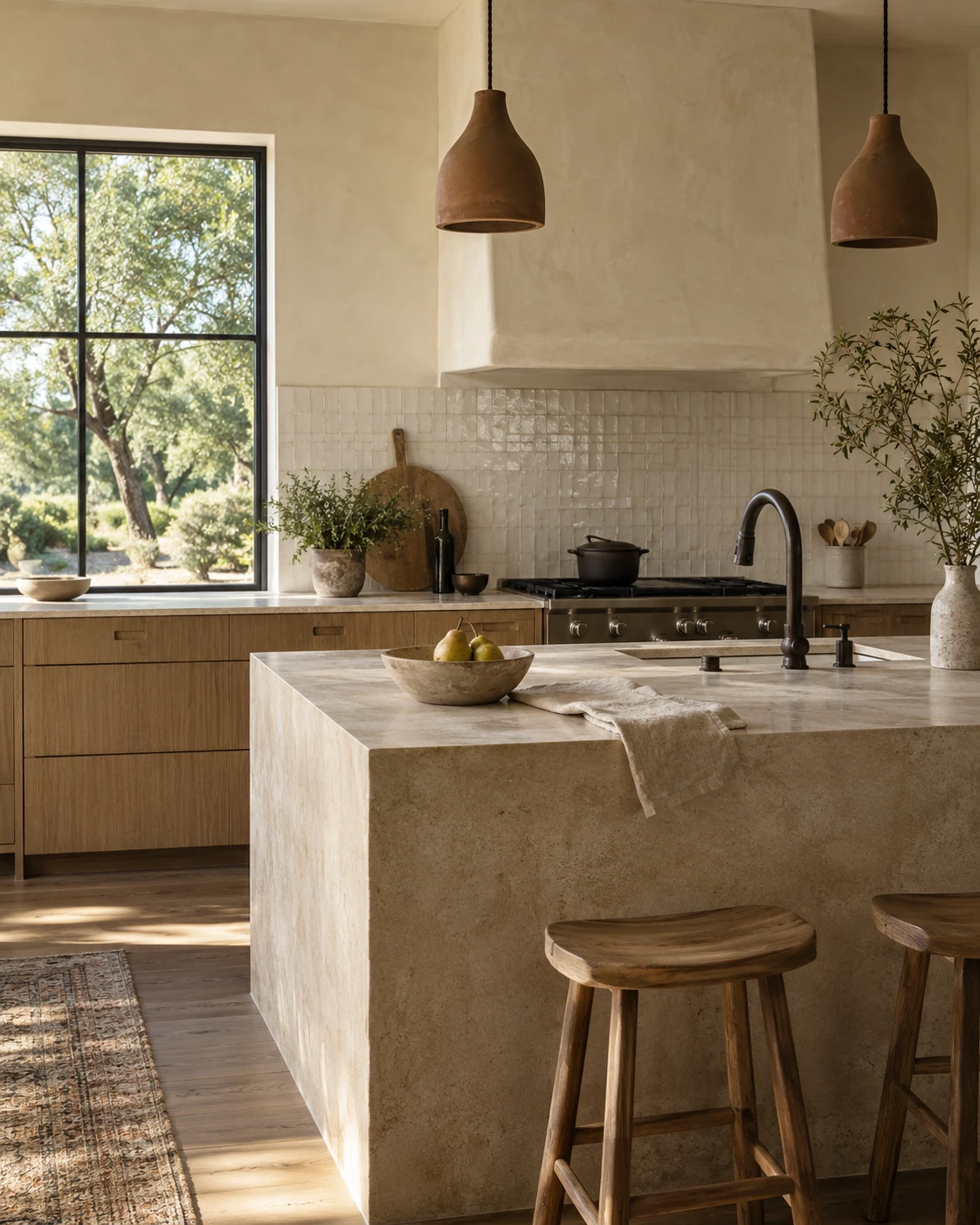 Warm refined kitchen with stone counters and brass hardware
