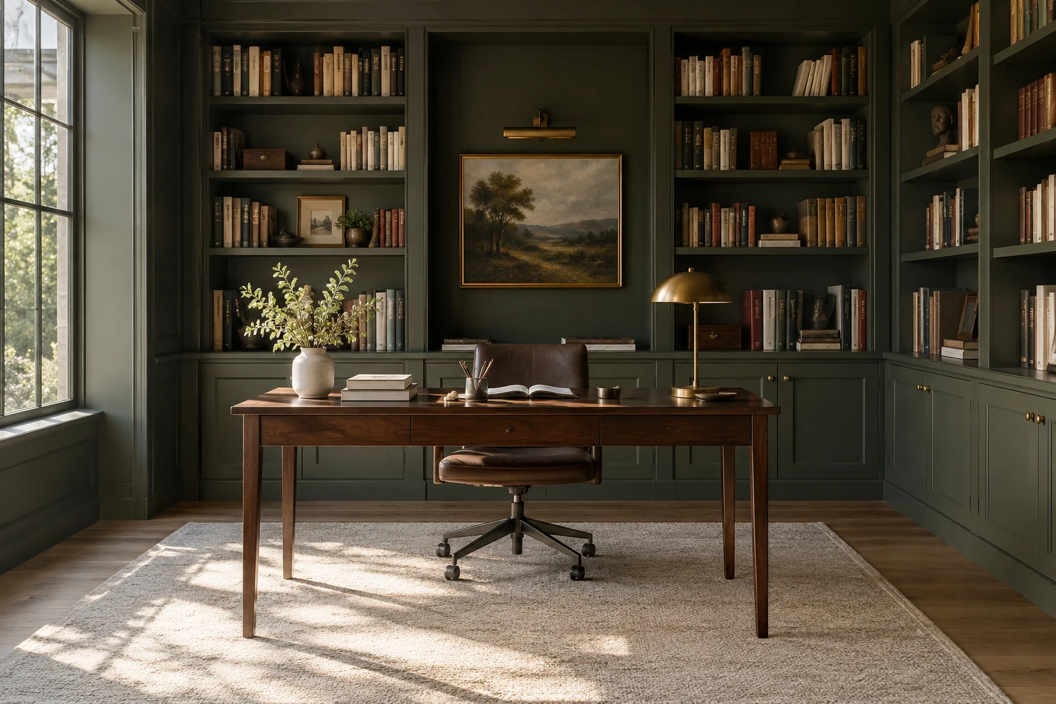 Moody study with deep olive built-ins and walnut desk
