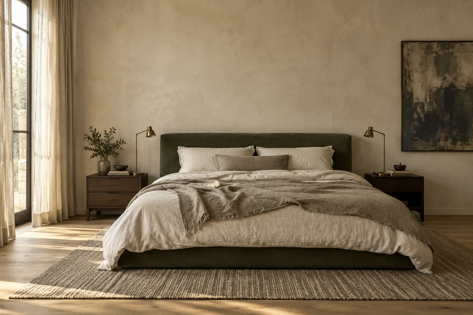 Olive linen, pale plaster, and walnut in a calm bedroom.