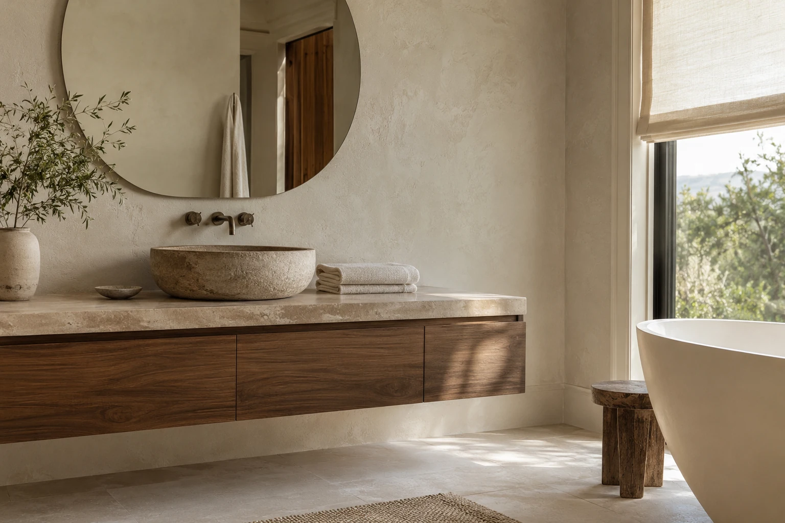 Stone basin, walnut vanity, and a freestanding bath in a softly lit bathroom