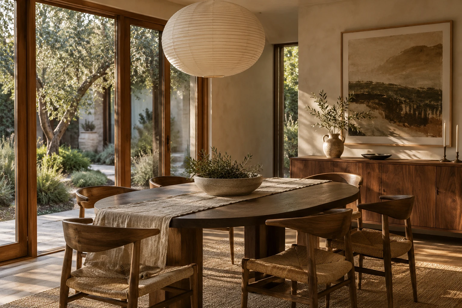 An imagined walnut dining room open to a leafy garden.