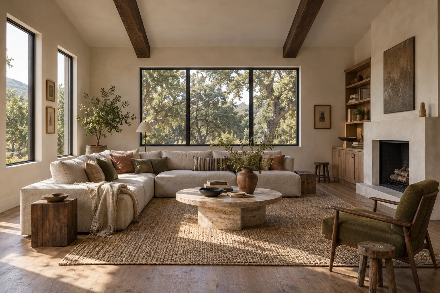 Warm layered living room with oak built-ins and linen sofa
